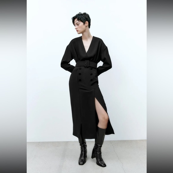 zara black midi dress with belt Zara Limited Edition Black Belted Midi Dress, Size XS